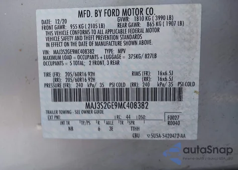 2021 Ford Ecosport Se из США, поврежденный, VIN MAJ3S2GE9MC408382